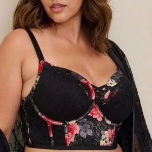 Torrid Women 40D longline Bra Black Lace 0229 corset Underwire Push Up Plunge